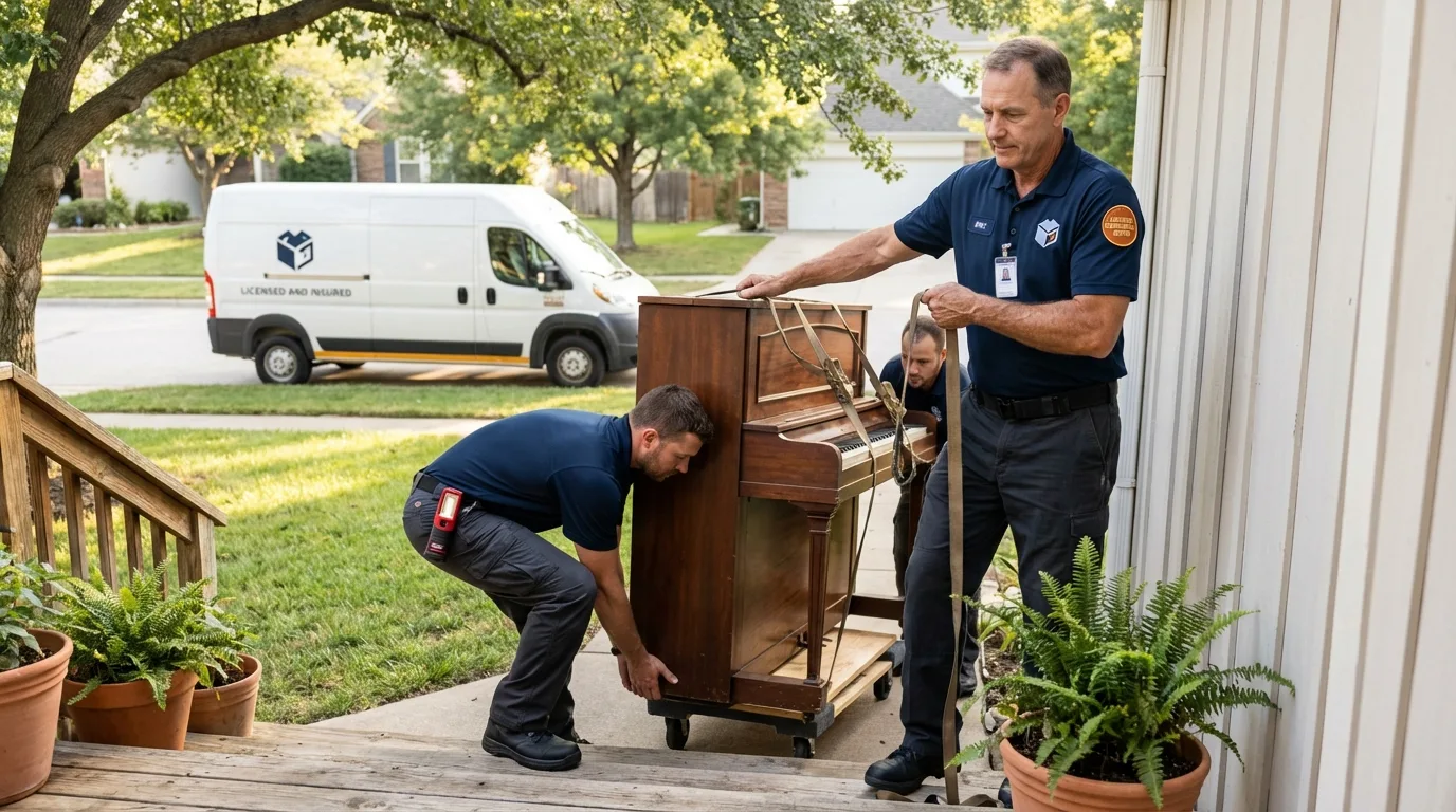 Licensed piano movers securing grand piano in Midway, PA
