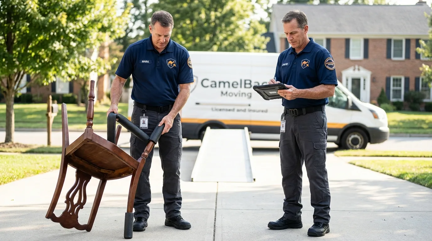 Movers inspecting furniture for damage prevention before loading in Midway, PA