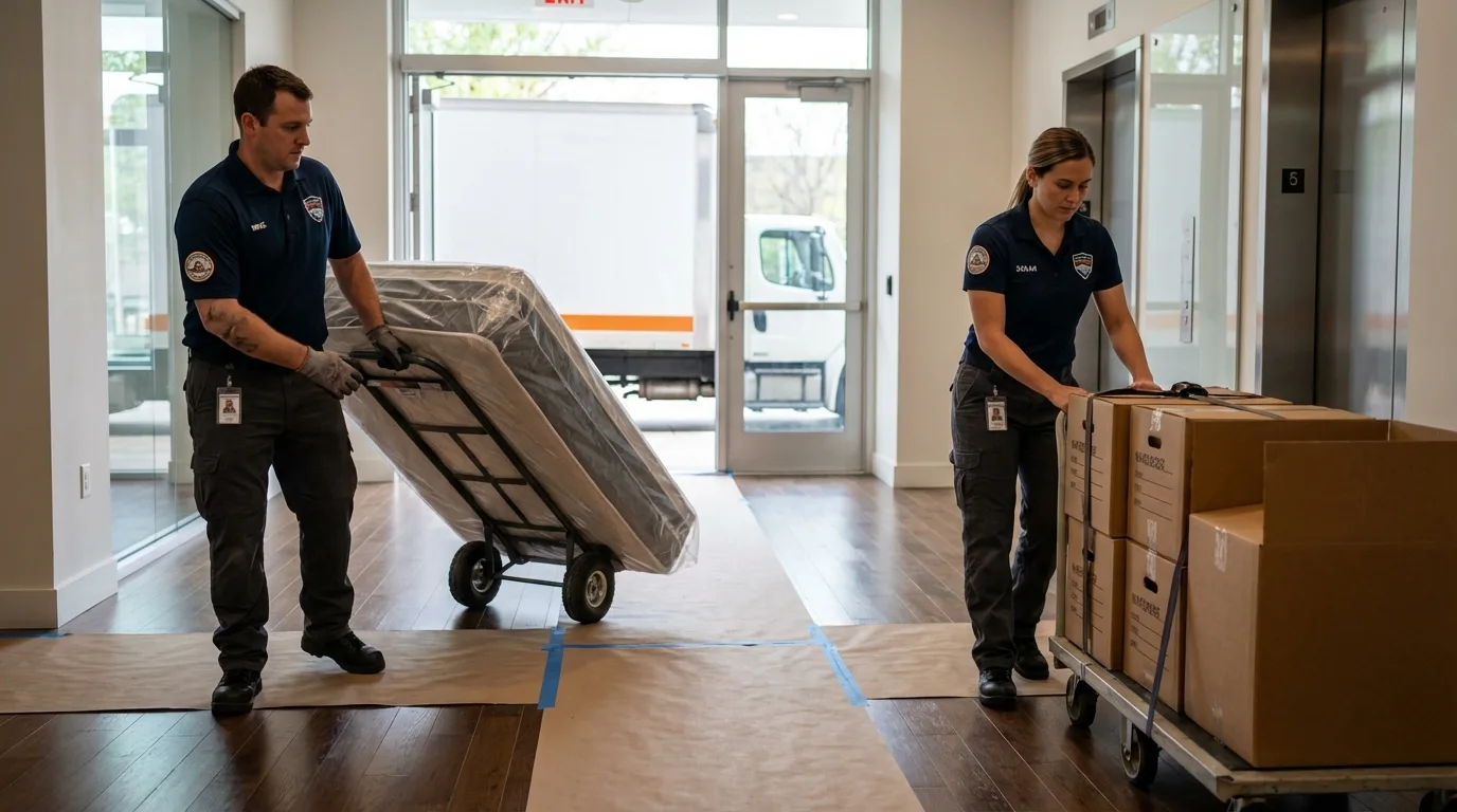 Professional apartment movers loading elevator in Midway, PA